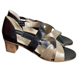 Fidji Black and Taupe Leather Heeled Sandals, New in Box